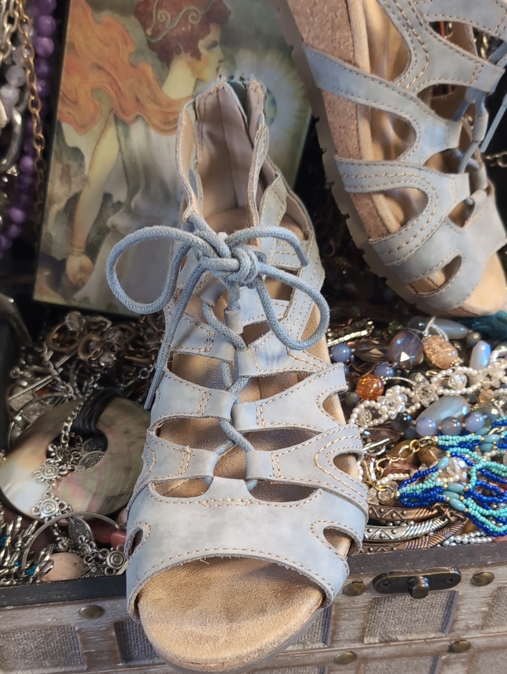Lace-Up Leather Light Blue Gladiator Cutout Cork Wedge Sandals - Picture 4 of 12